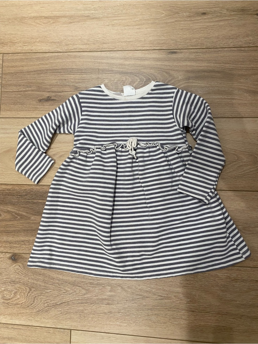 Zara Gray & White Striped Long-Sleeve Kids Dress